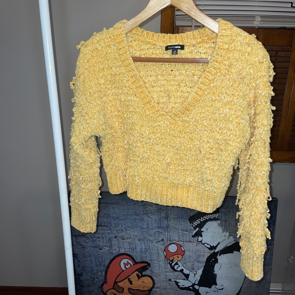 Fashion Nova Yellow Fuzzy Crop Top Sweater